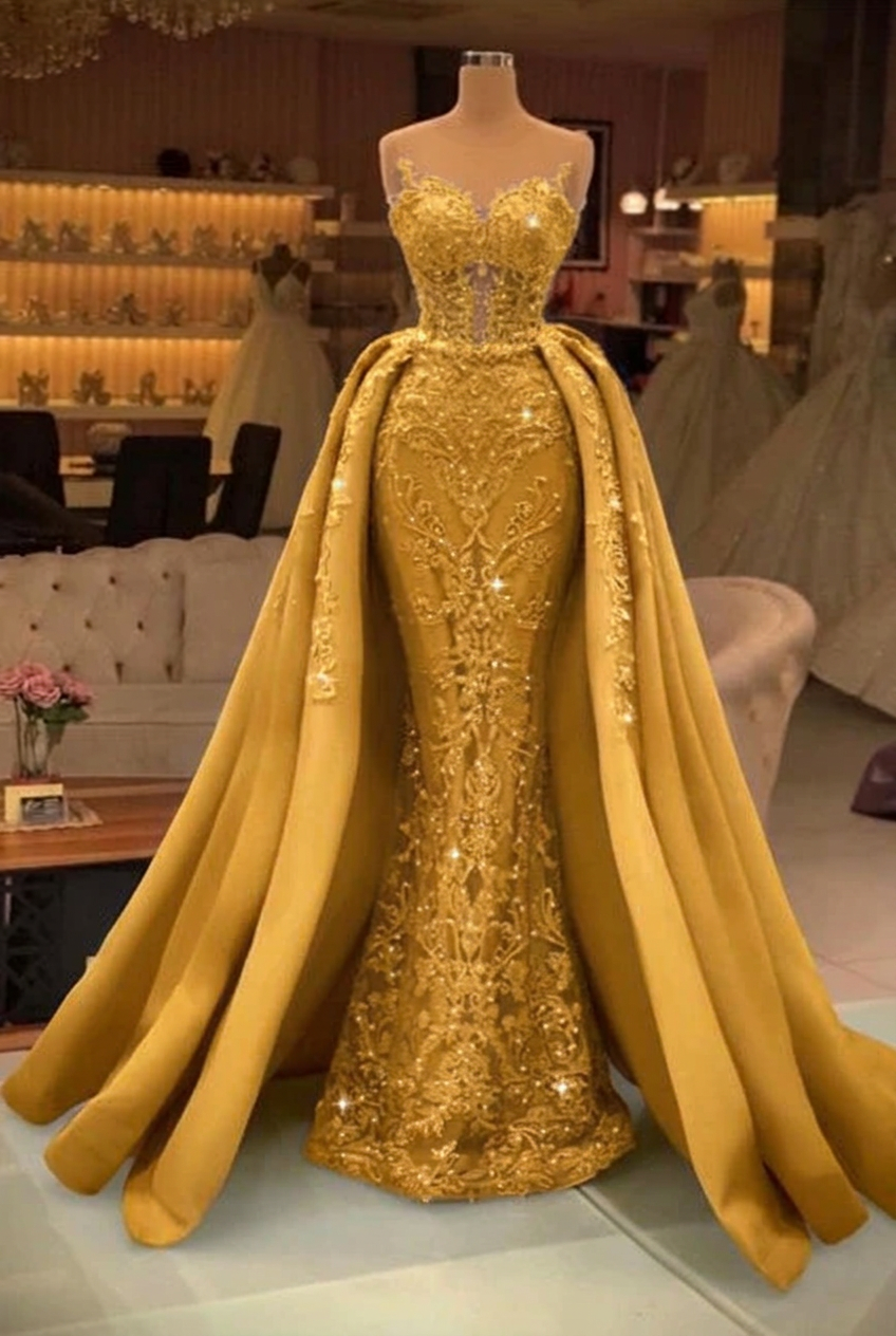 Gold sweetheart pearl mermaid prom dress with detachable overskirt