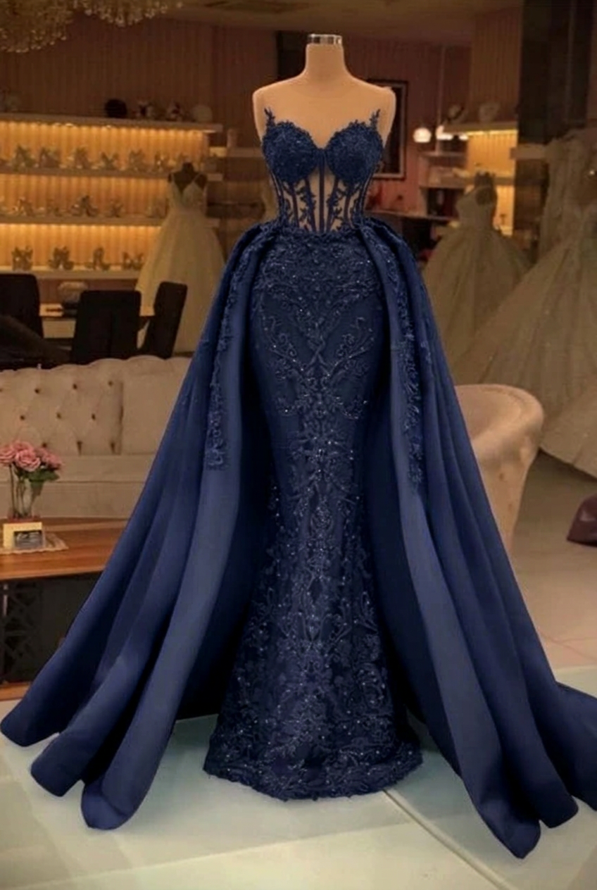 Dark navy sweetheart pearl mermaid prom dress with detachable overskirt