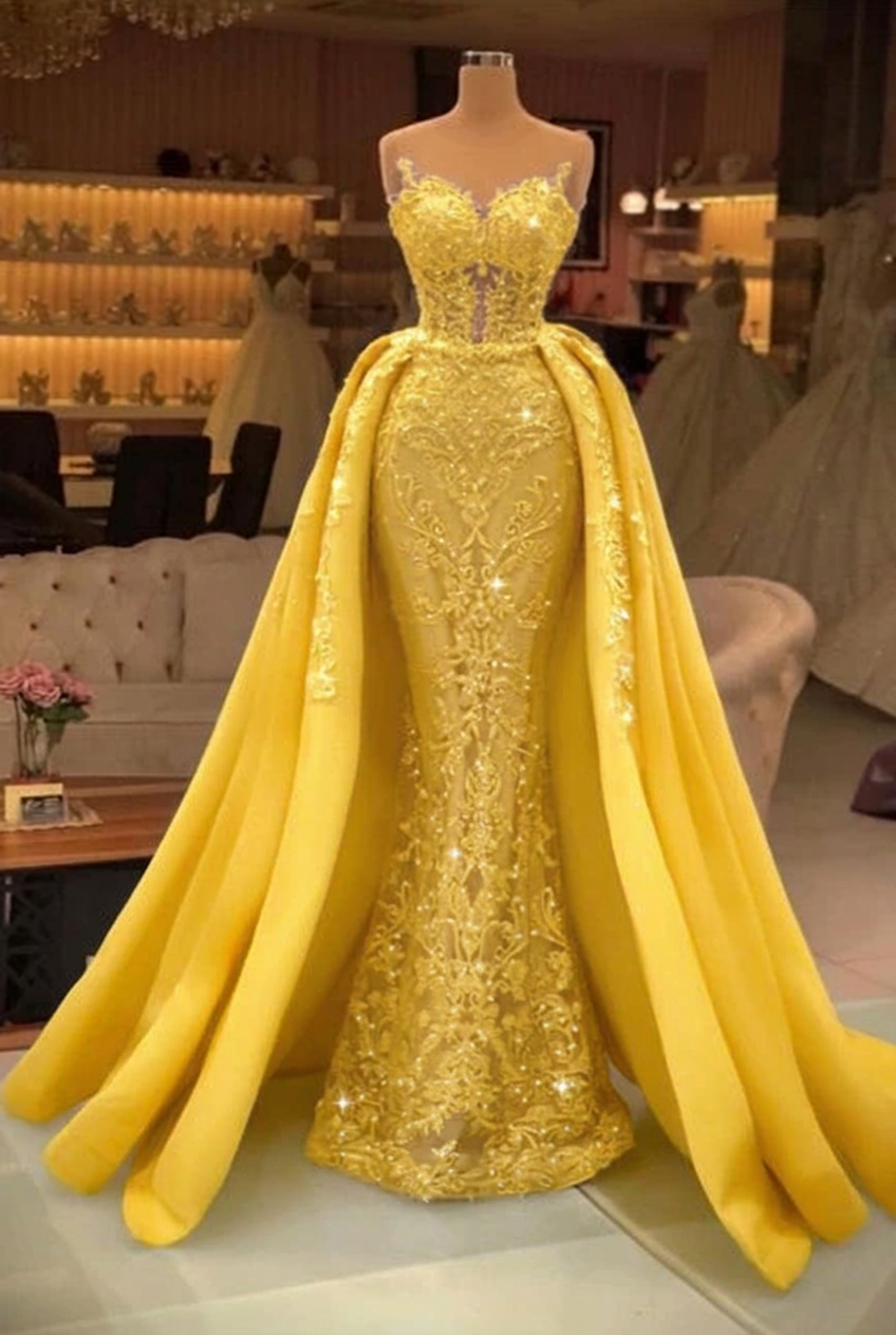 Yellow sweetheart pearl mermaid prom dress with detachable overskirt