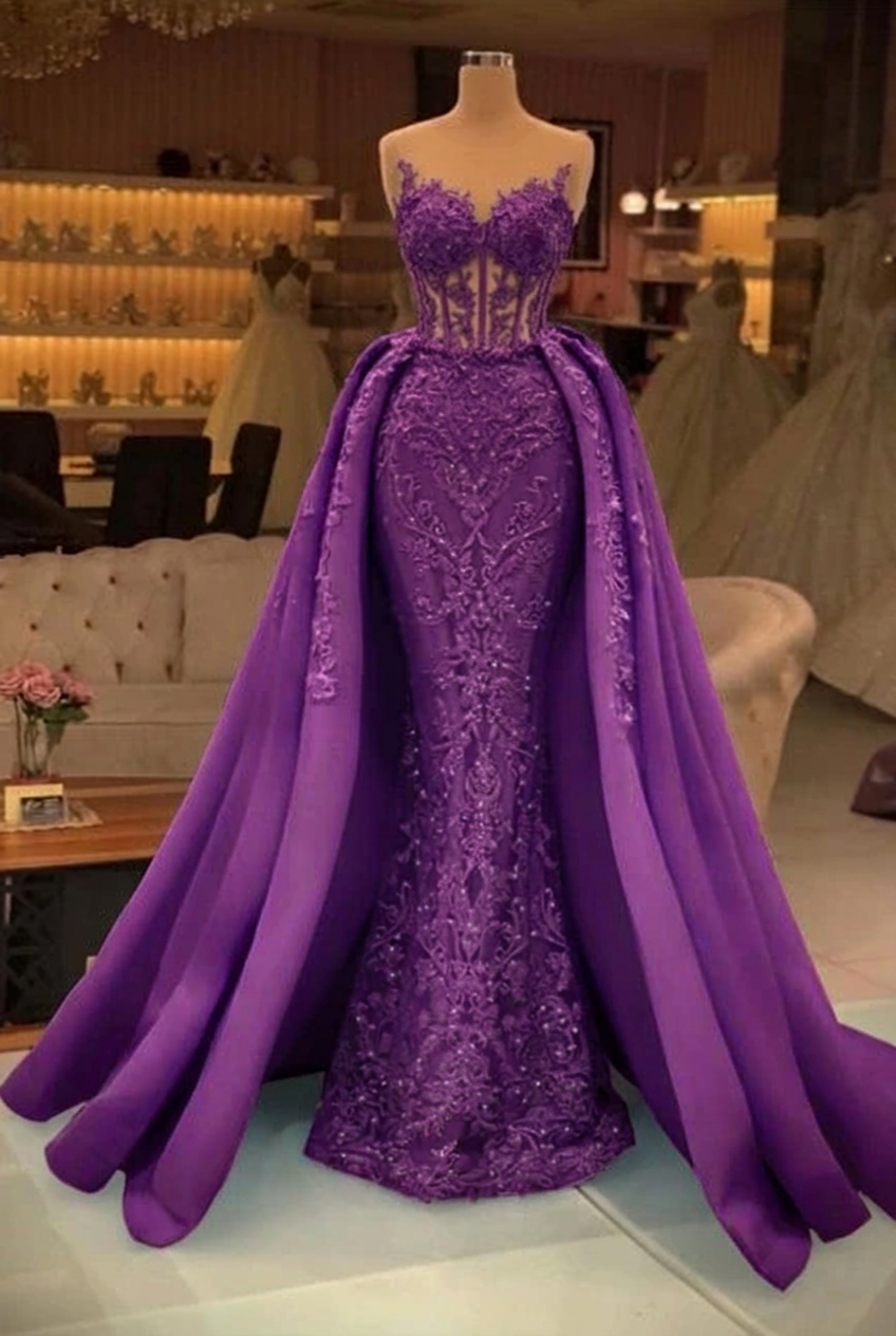 Grape sweetheart pearl mermaid prom dress with detachable overskirt