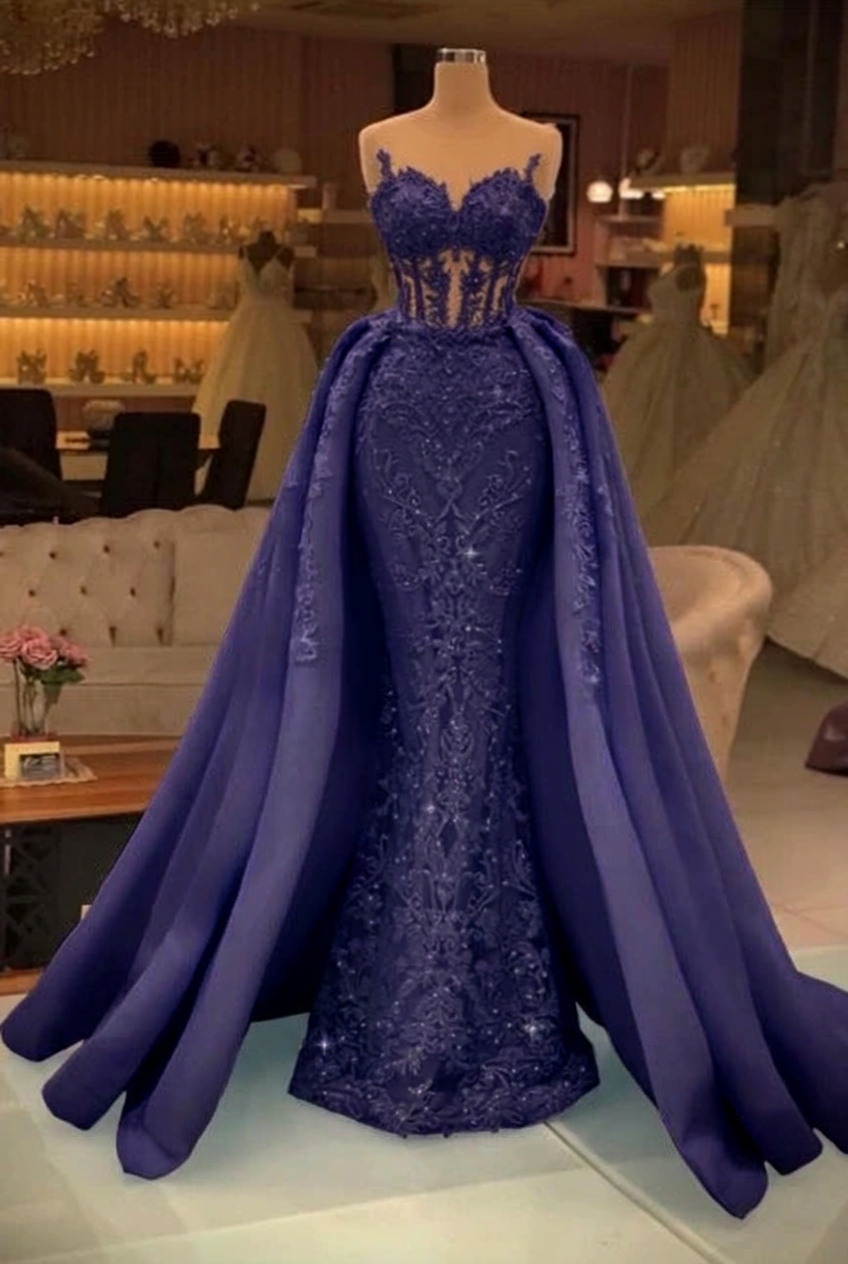 Regency sweetheart pearl mermaid prom dress with detachable overskirt