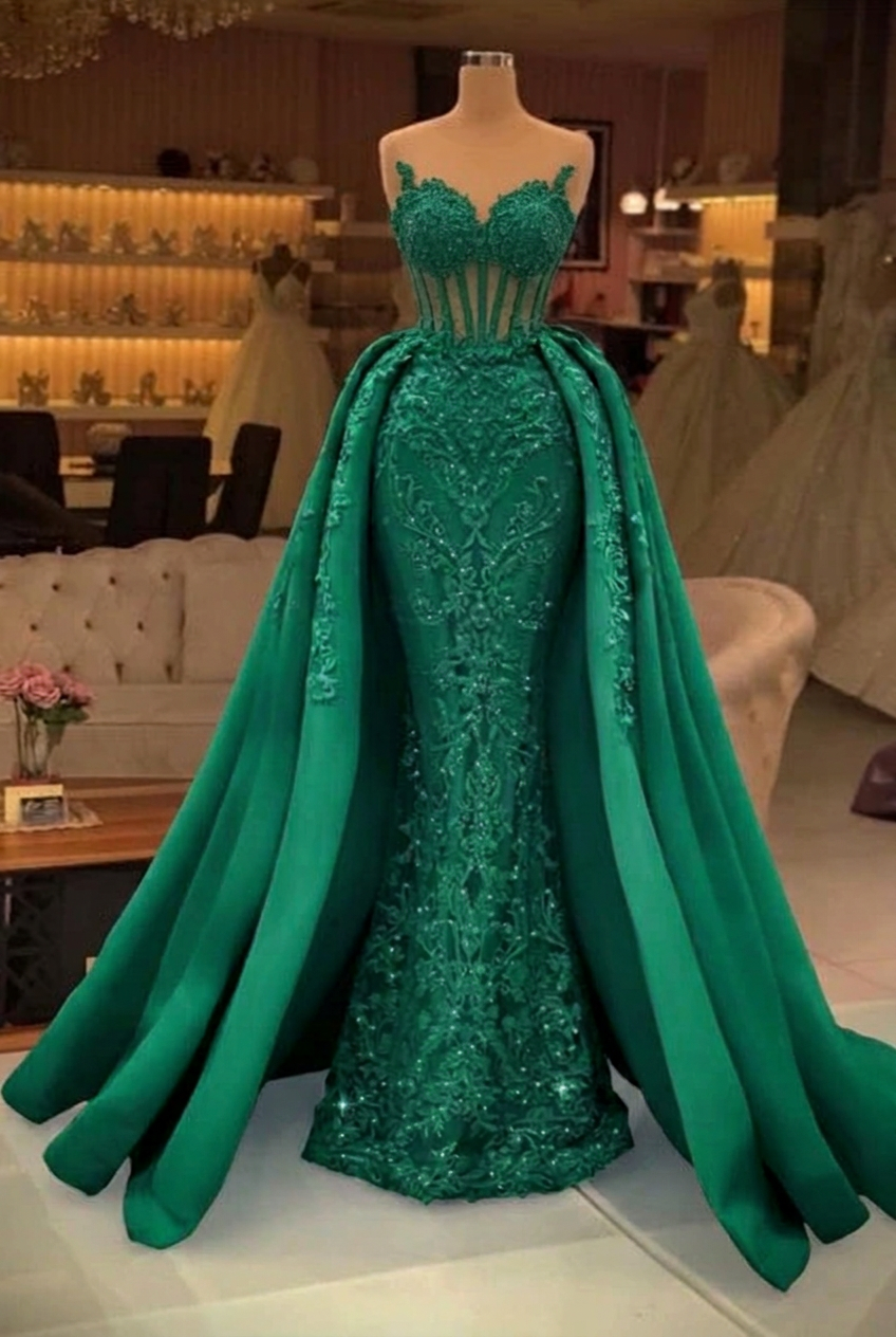 Emerald green sweetheart pearl mermaid prom dress with detachable overskirt
