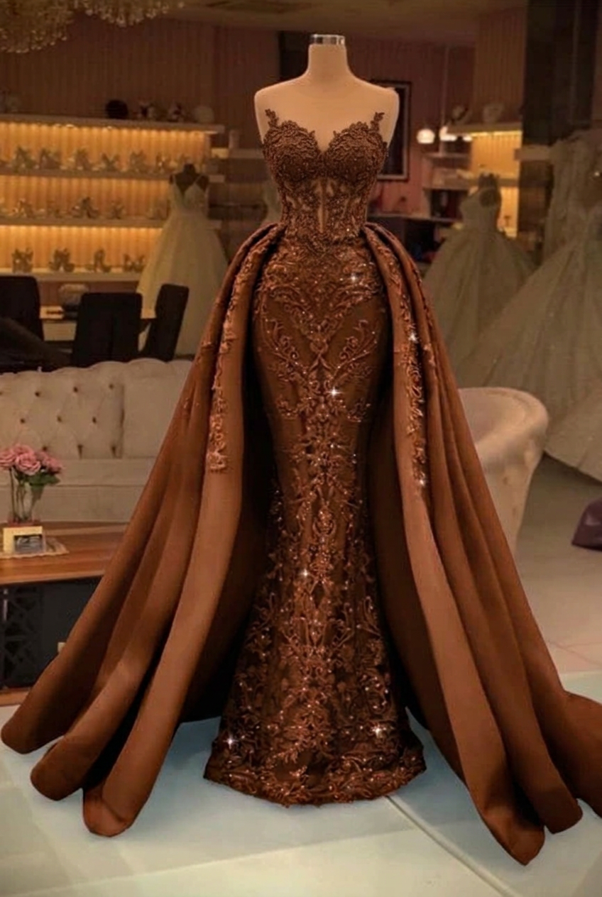 Chocolate sweetheart pearl mermaid prom dress with detachable overskirt