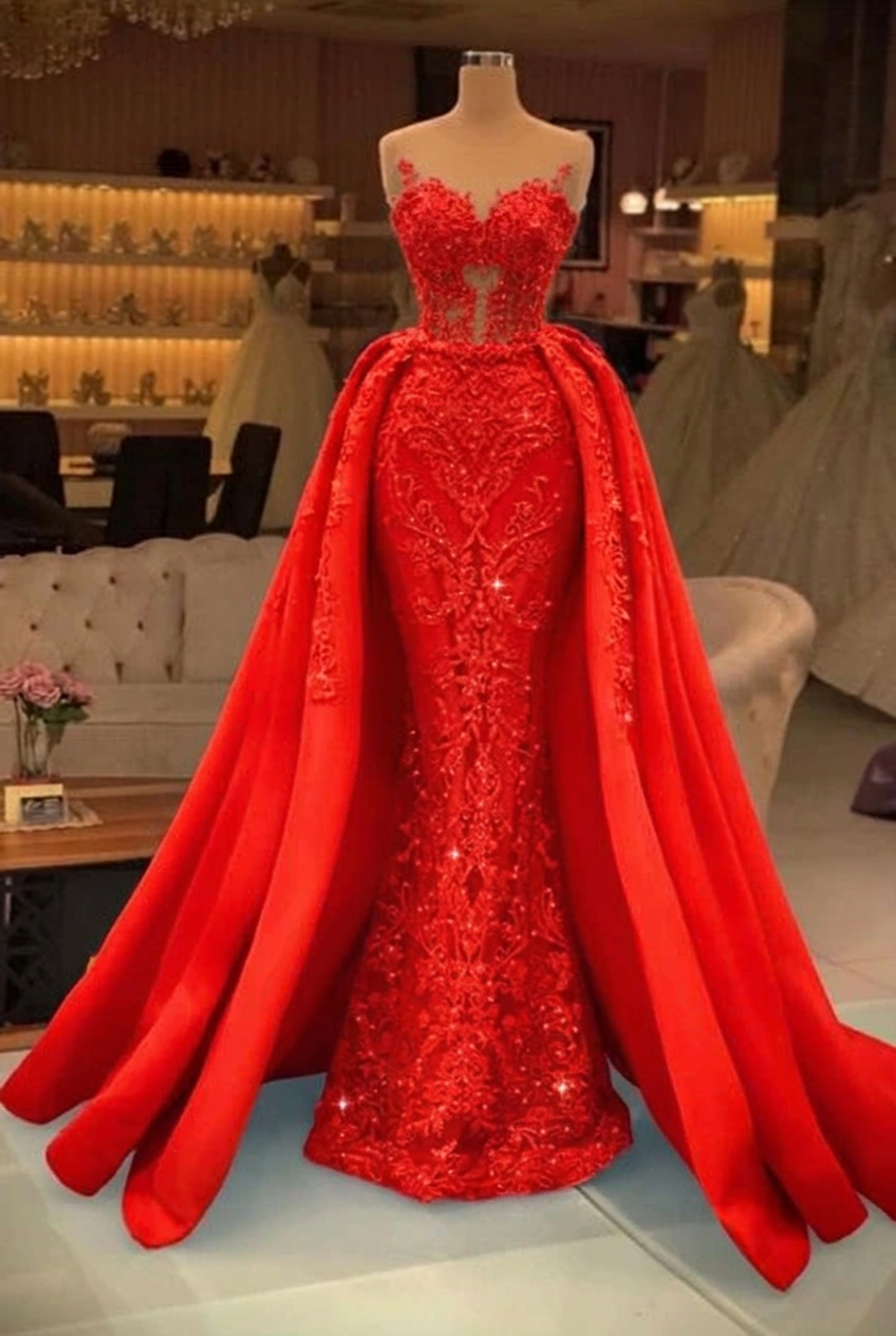 Red sweetheart pearl mermaid prom dress with detachable overskirt