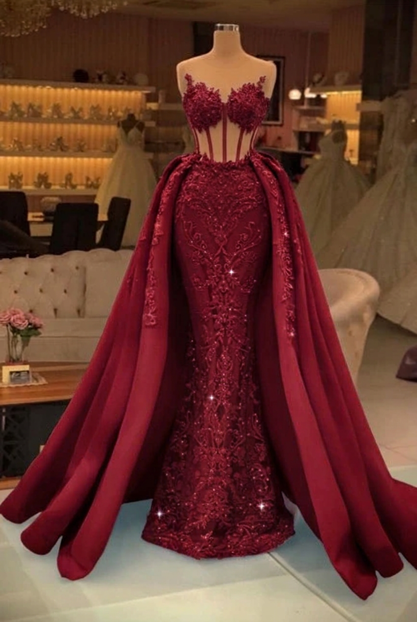 Burgundy sweetheart pearl mermaid prom dress with detachable overskirt