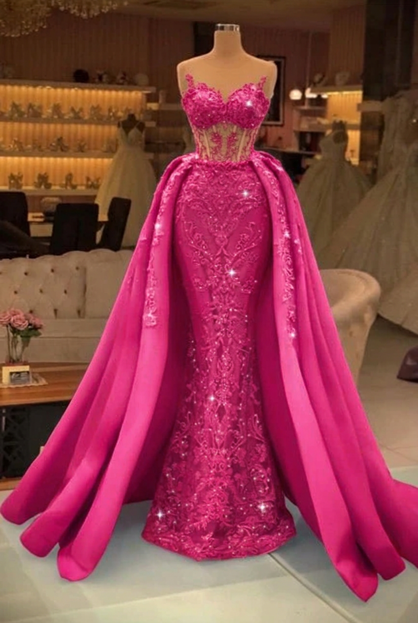 Fuchsia sweetheart pearl mermaid prom dress with detachable overskirt