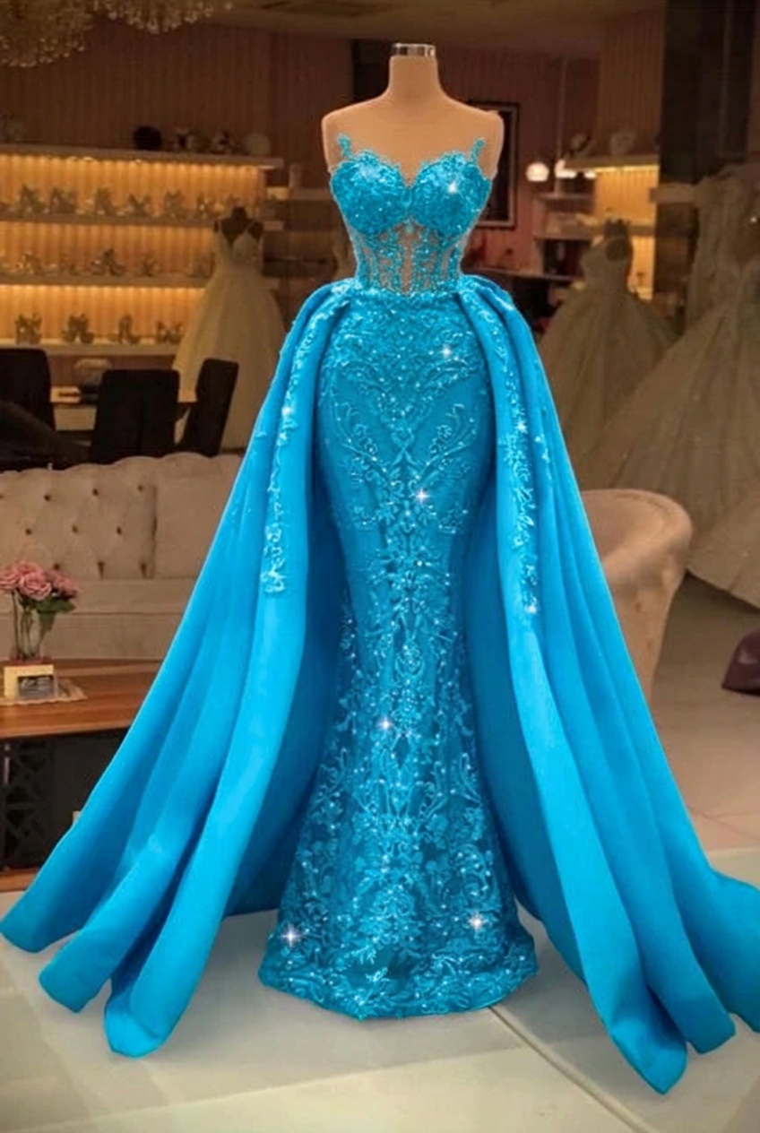 Turquoise sweetheart pearl mermaid prom dress with detachable overskirt