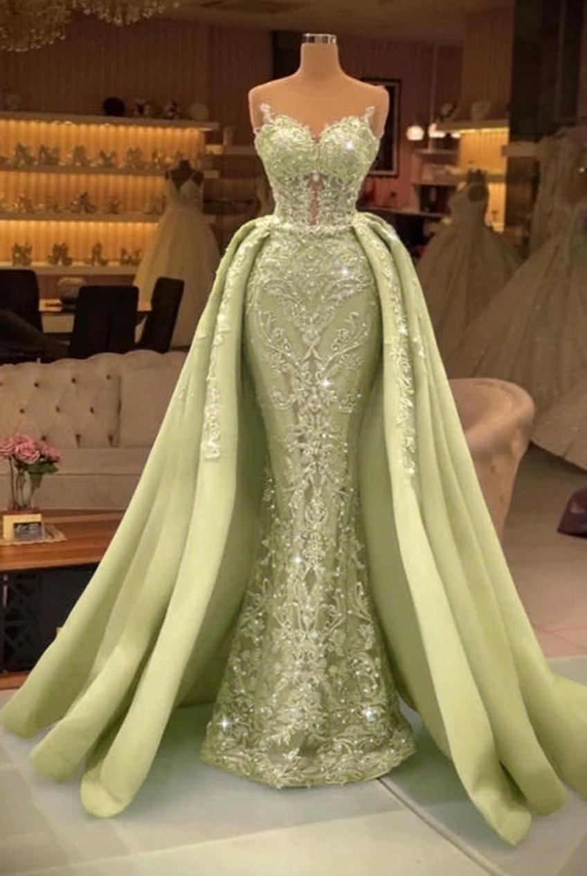 Sage sweetheart pearl mermaid prom dress with detachable overskirt