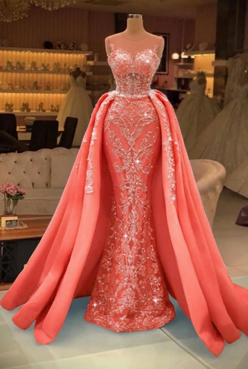 Coral sweetheart pearl mermaid prom dress with detachable overskirt