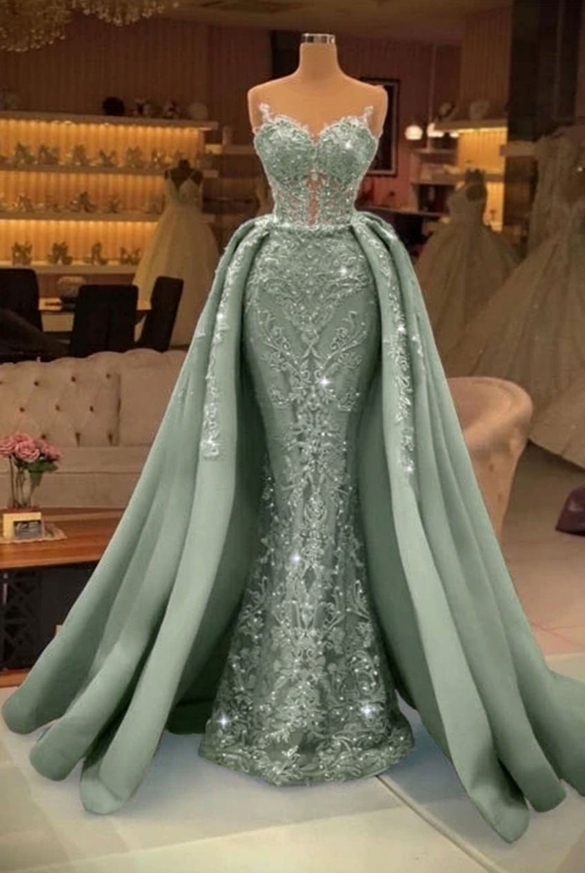 Dusty sage sweetheart pearl mermaid prom dress with detachable overskirt