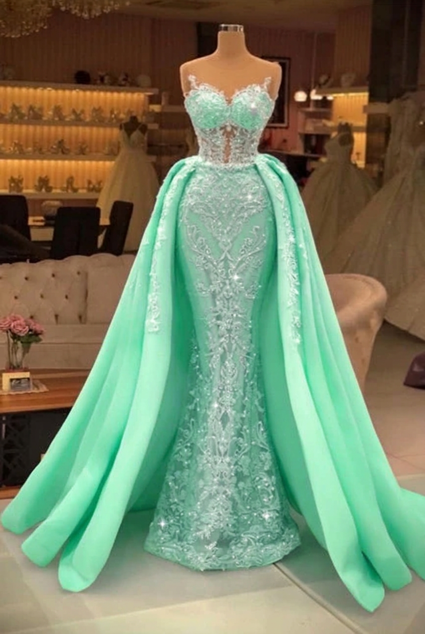 Mint green sweetheart pearl mermaid prom dress with detachable overskirt