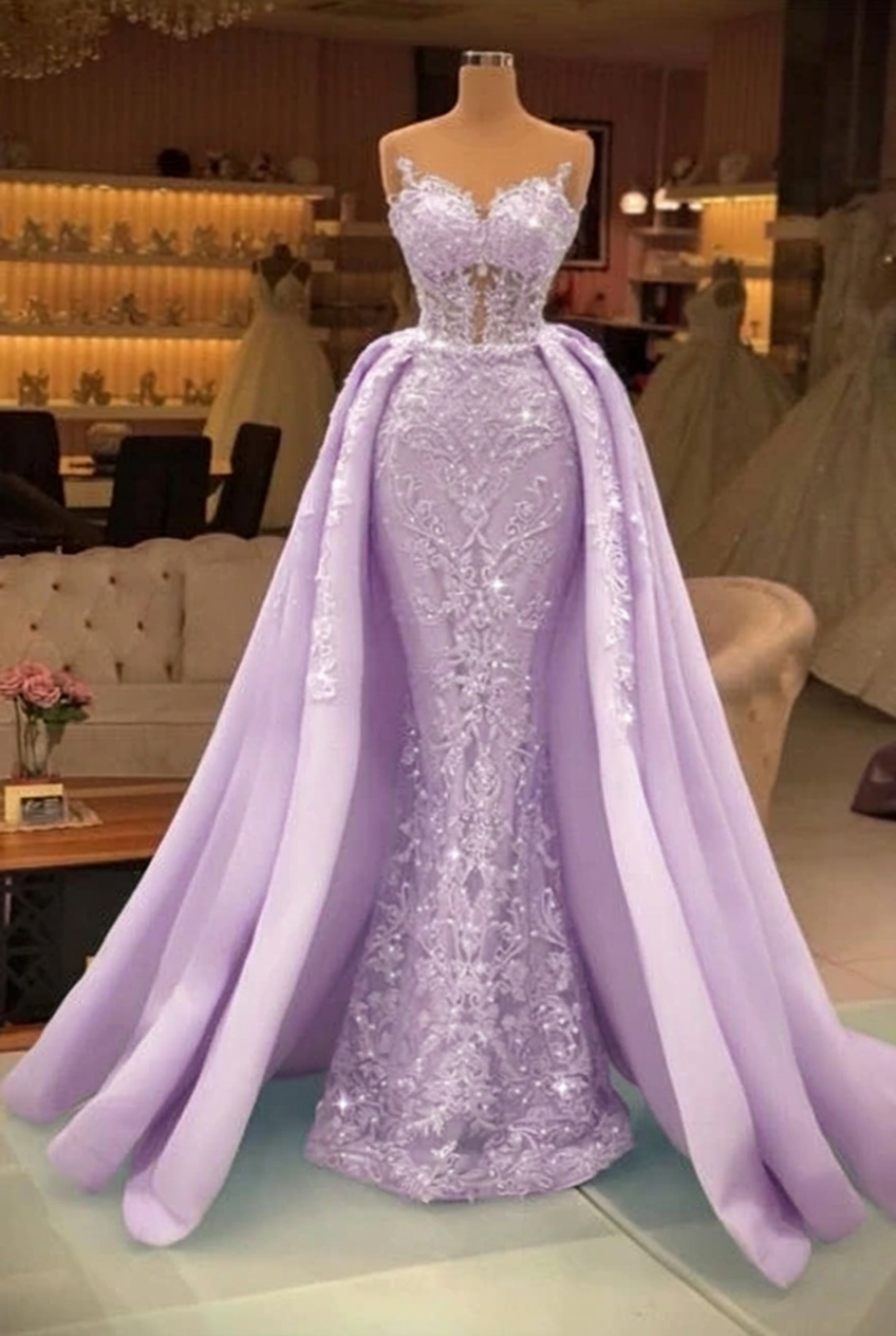 Lavender sweetheart pearl mermaid prom dress with detachable overskirt