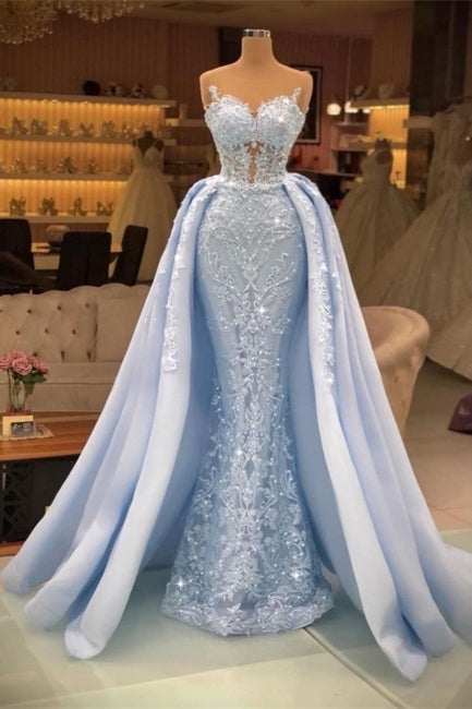 Extravagant Blue Evening Dresses Long Lace Prom Dresses with Detachabl –