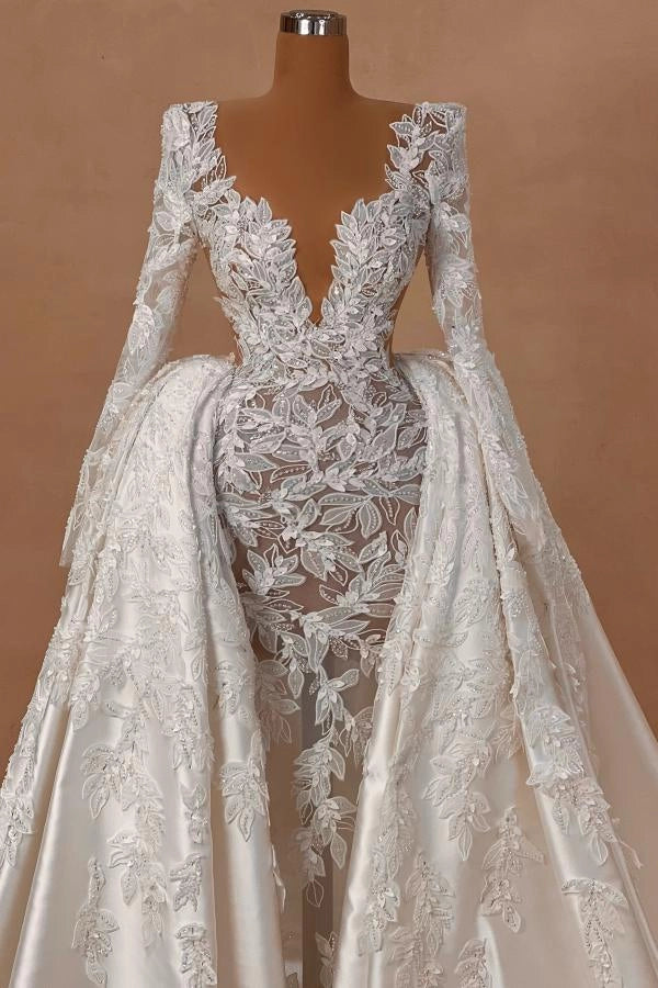 ivory v-neck applique A-line wedding dress