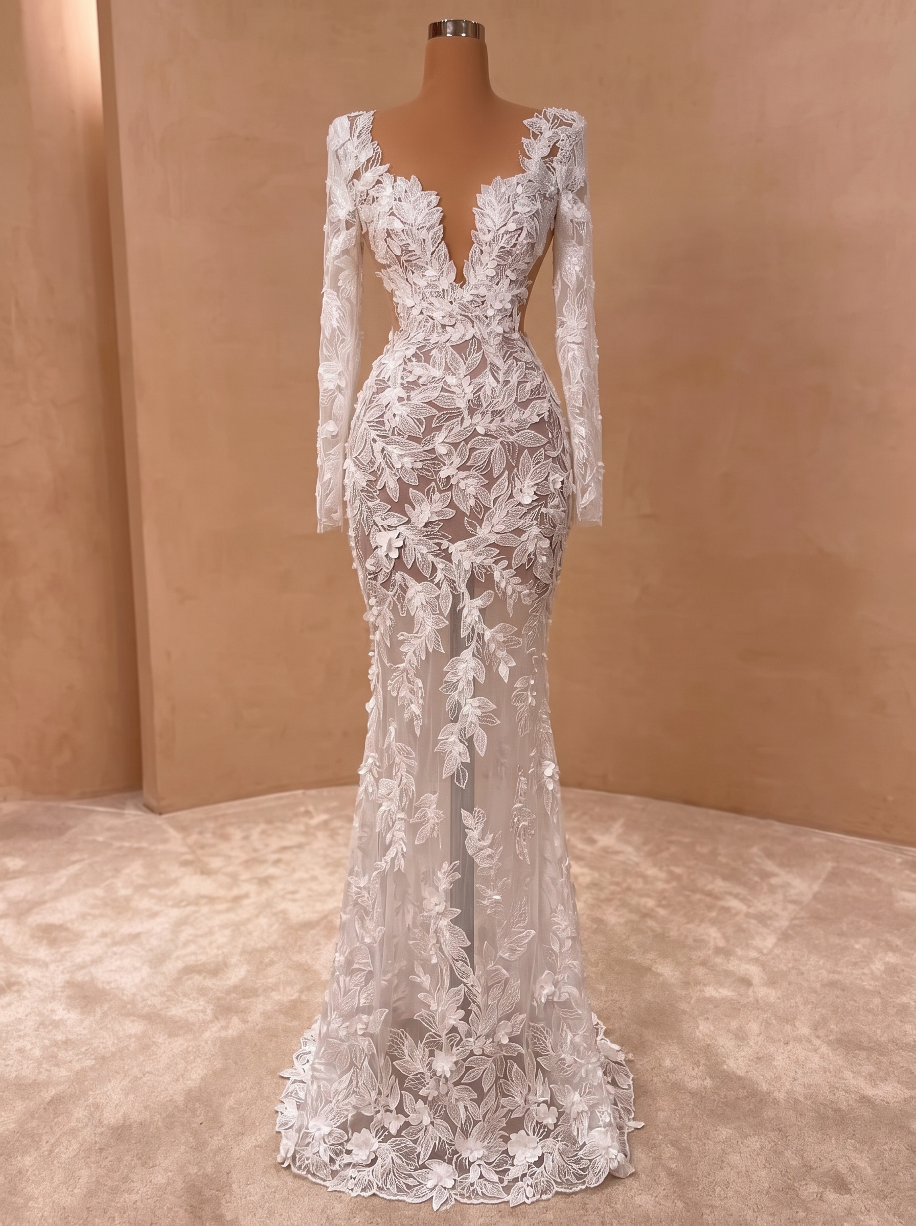 ivory v-neck applique A-line wedding dress