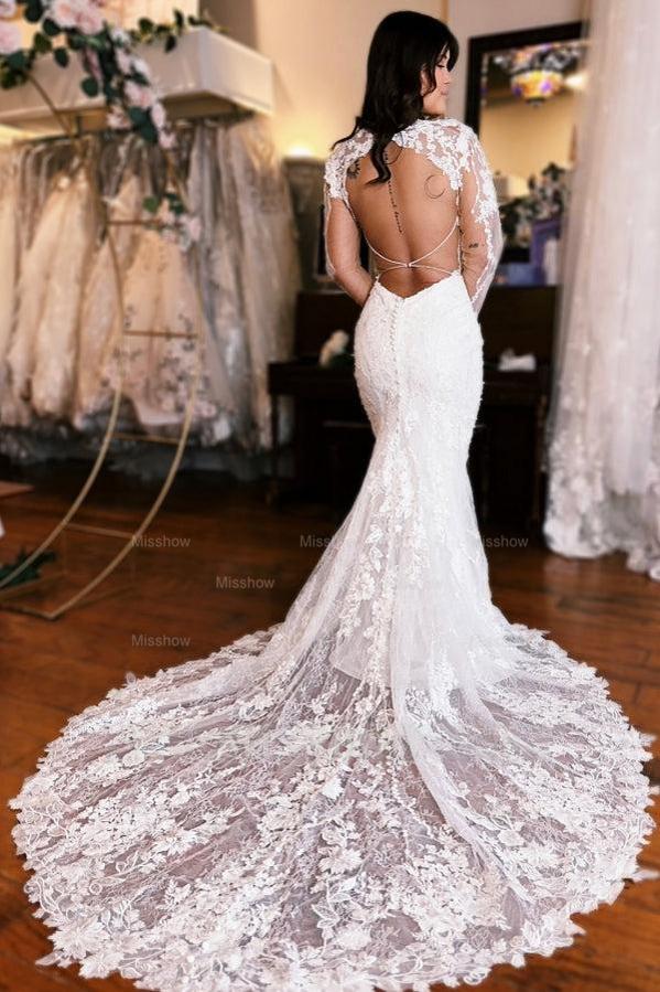 Backless Bridal Lace Sleeves Backless Wedding Dresses With