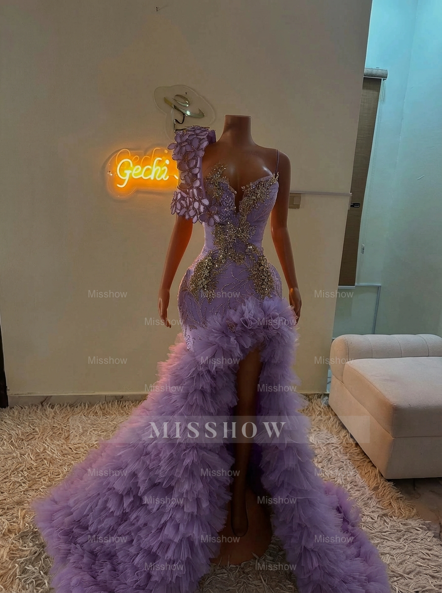 Extraverage Long Pink Mermaid One Shoulder Lace Beaded Prom Dress with Slit and Ruffles