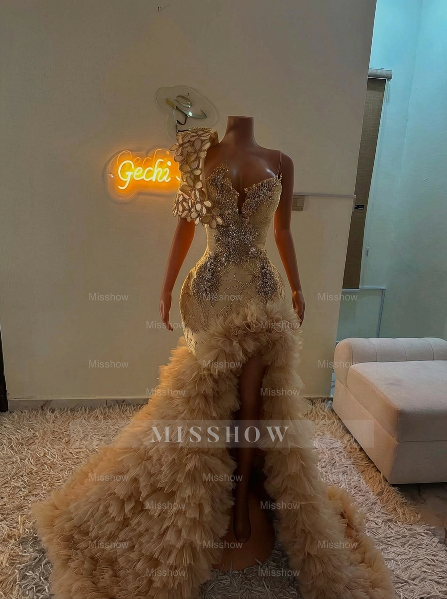 Extraverage Long Pink Mermaid One Shoulder Lace Beaded Prom Dress with Slit and Ruffles