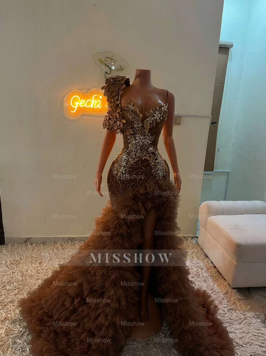 Extraverage Long Pink Mermaid One Shoulder Lace Beaded Prom Dress with Slit and Ruffles