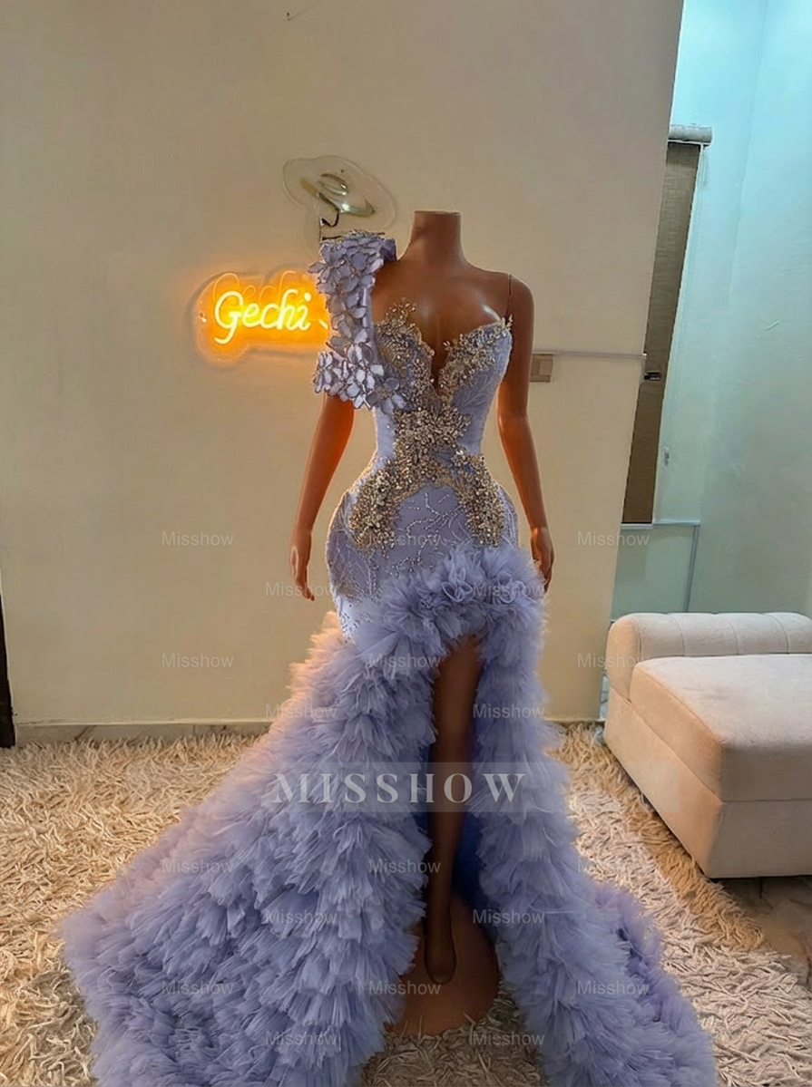 Extraverage Long Pink Mermaid One Shoulder Lace Beaded Prom Dress with Slit and Ruffles