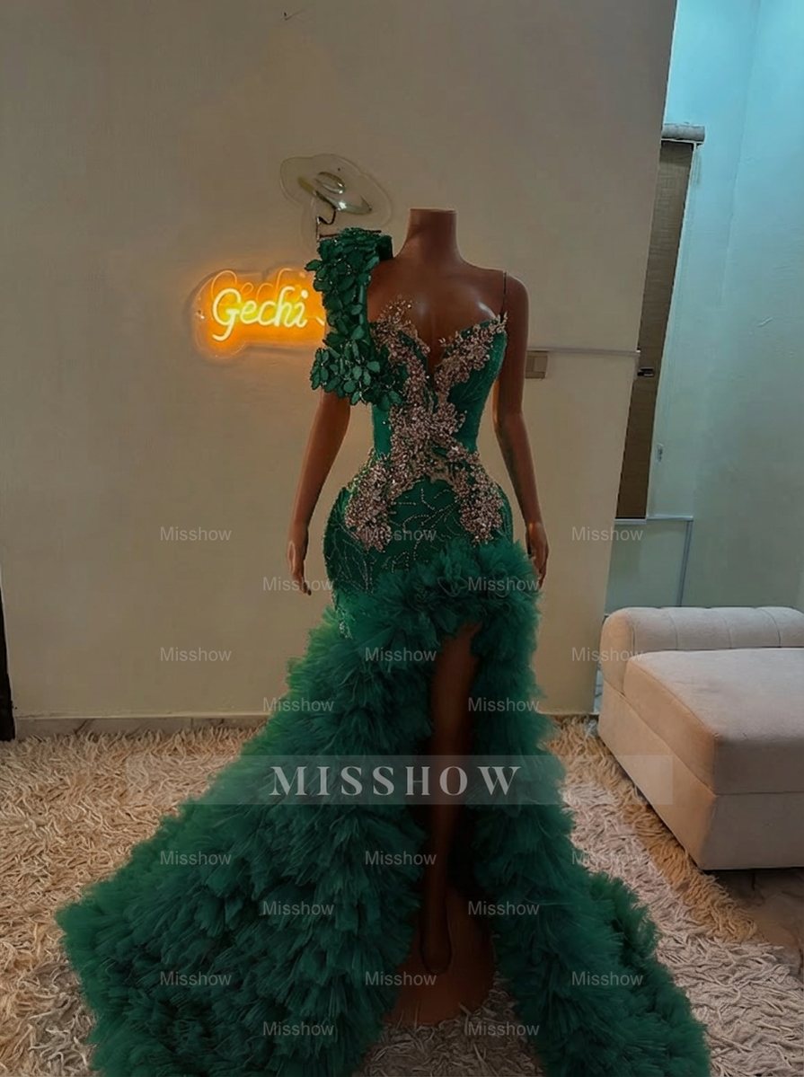 Extraverage Long Pink Mermaid One Shoulder Lace Beaded Prom Dress with Slit and Ruffles