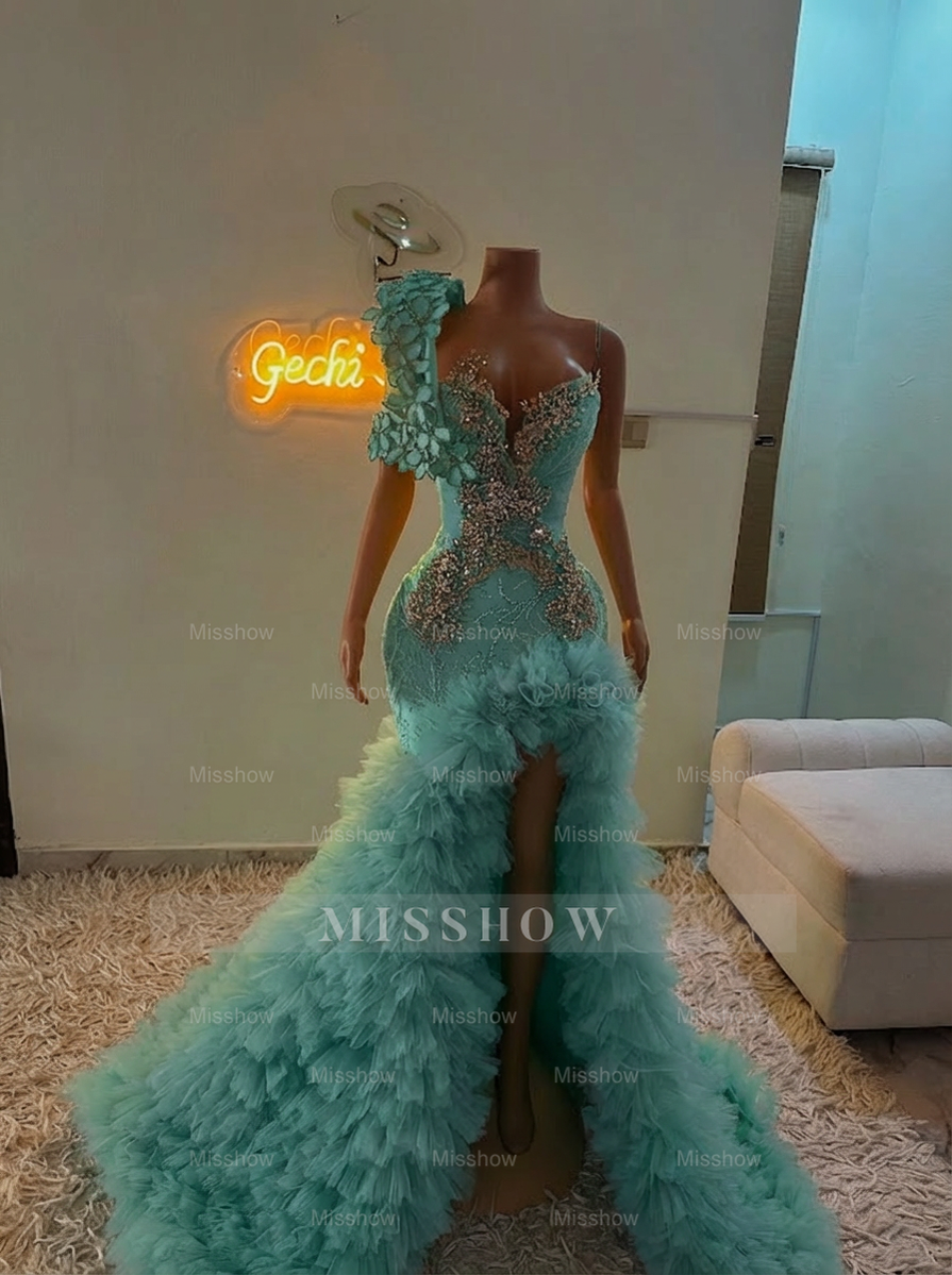 Extraverage Long Pink Mermaid One Shoulder Lace Beaded Prom Dress with Slit and Ruffles
