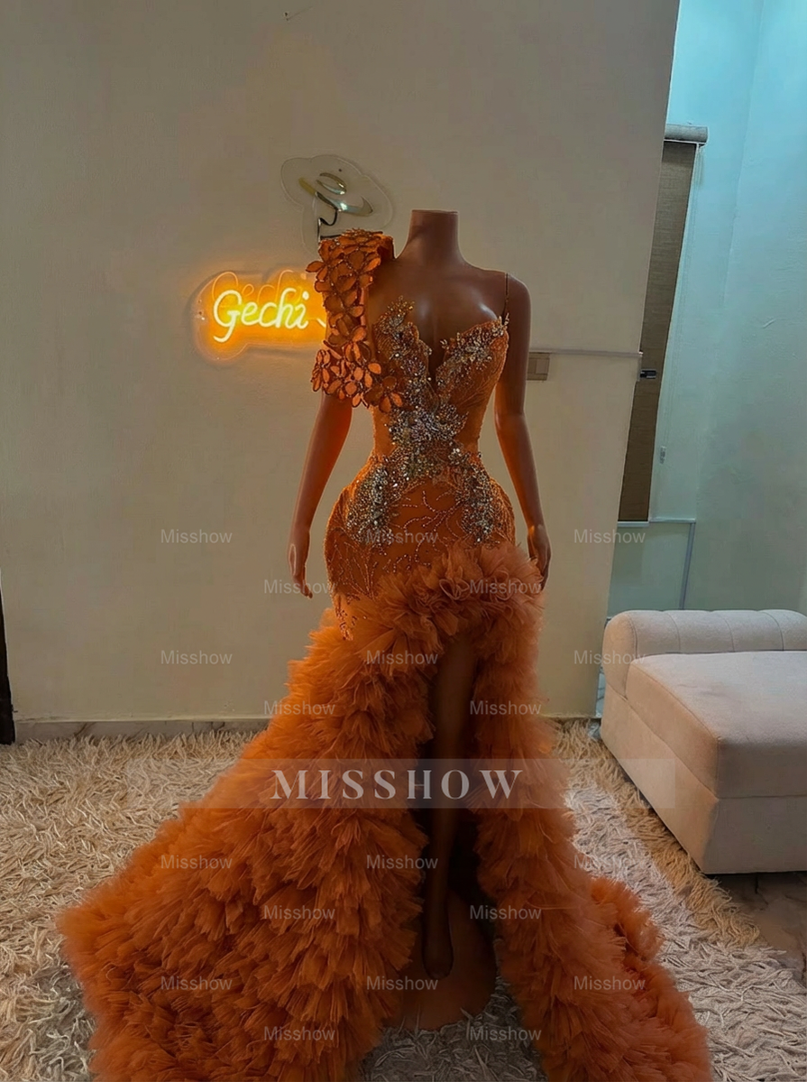 Extraverage Long Pink Mermaid One Shoulder Lace Beaded Prom Dress with Slit and Ruffles