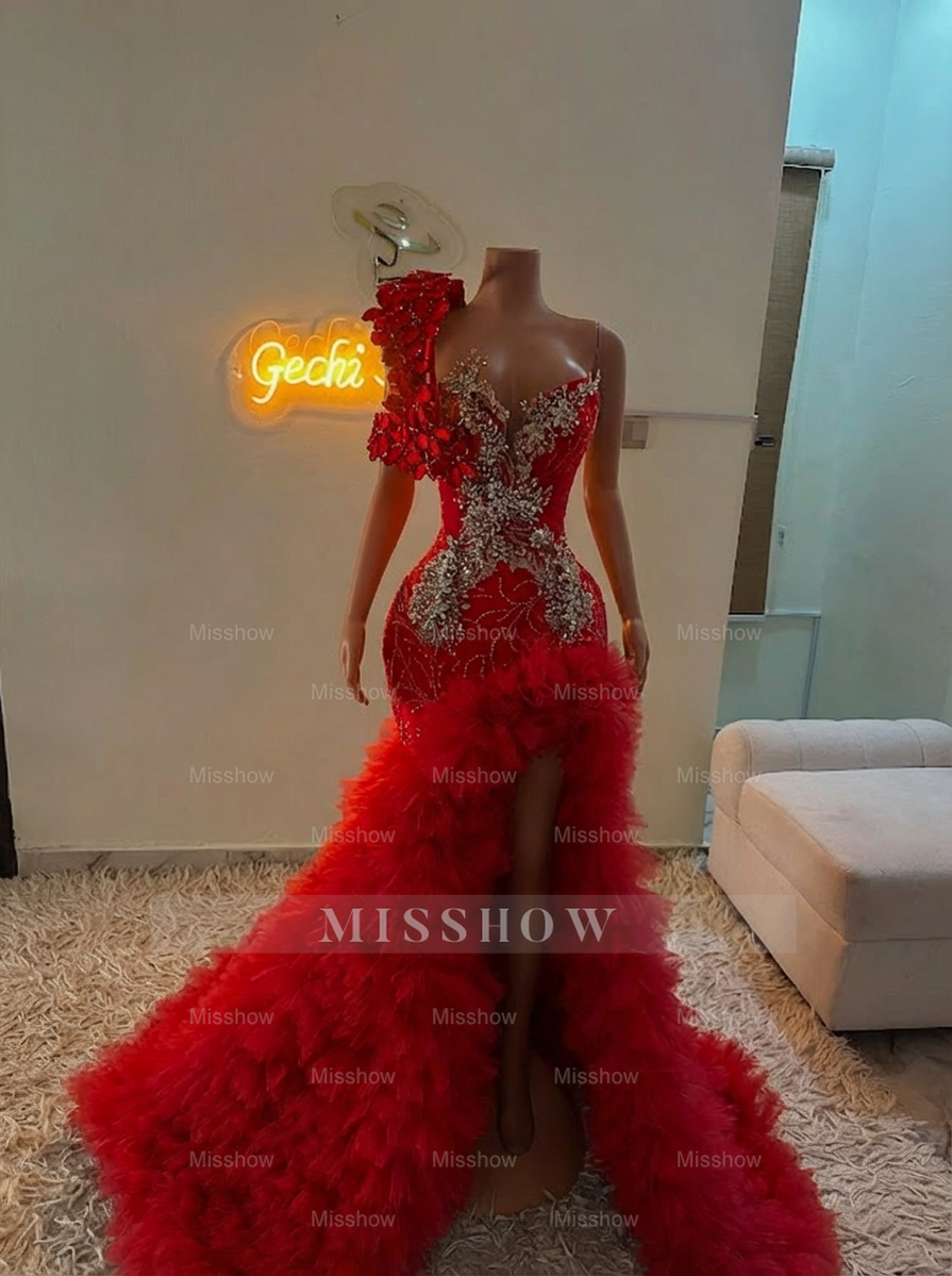 Extraverage Long Pink Mermaid One Shoulder Lace Beaded Prom Dress with Slit and Ruffles