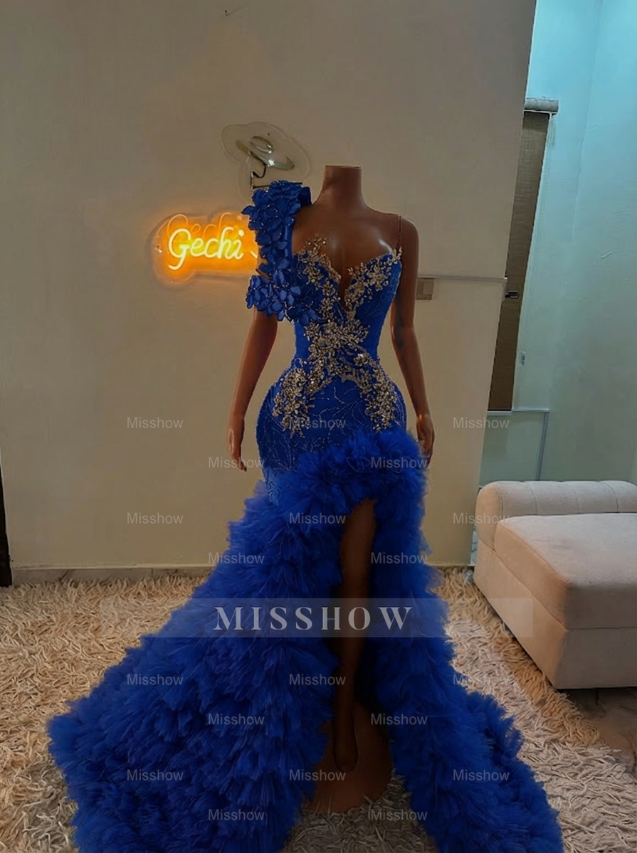 Extraverage Long Pink Mermaid One Shoulder Lace Beaded Prom Dress with Slit and Ruffles