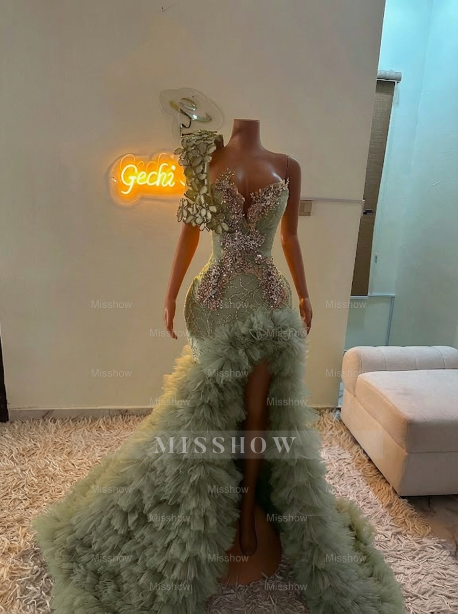 Extraverage Long Pink Mermaid One Shoulder Lace Beaded Prom Dress with Slit and Ruffles