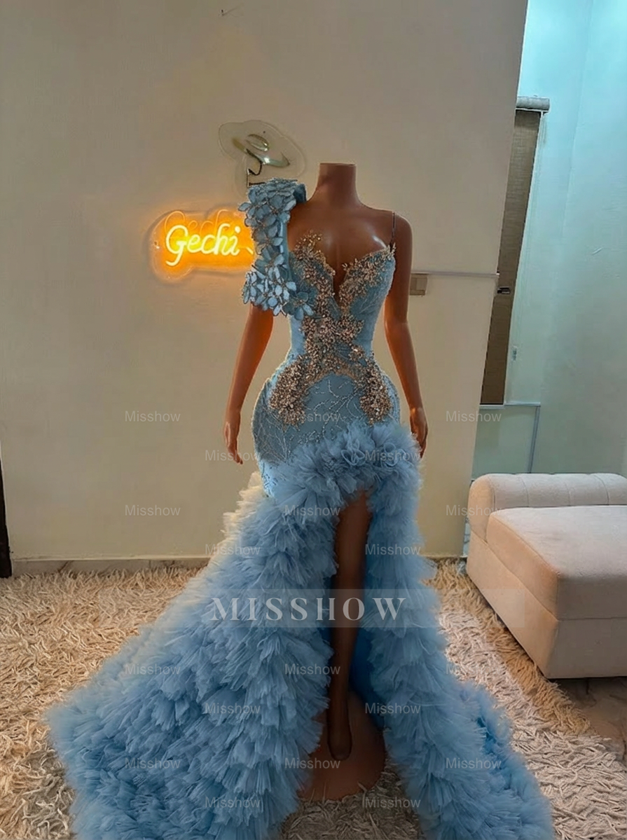 Extraverage Long Pink Mermaid One Shoulder Lace Beaded Prom Dress with Slit and Ruffles
