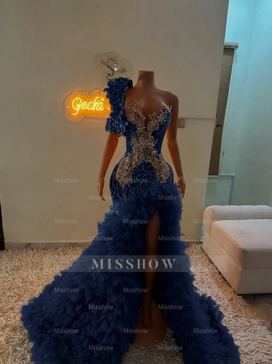Extraverage Long Pink Mermaid One Shoulder Lace Beaded Prom Dress with Slit and Ruffles