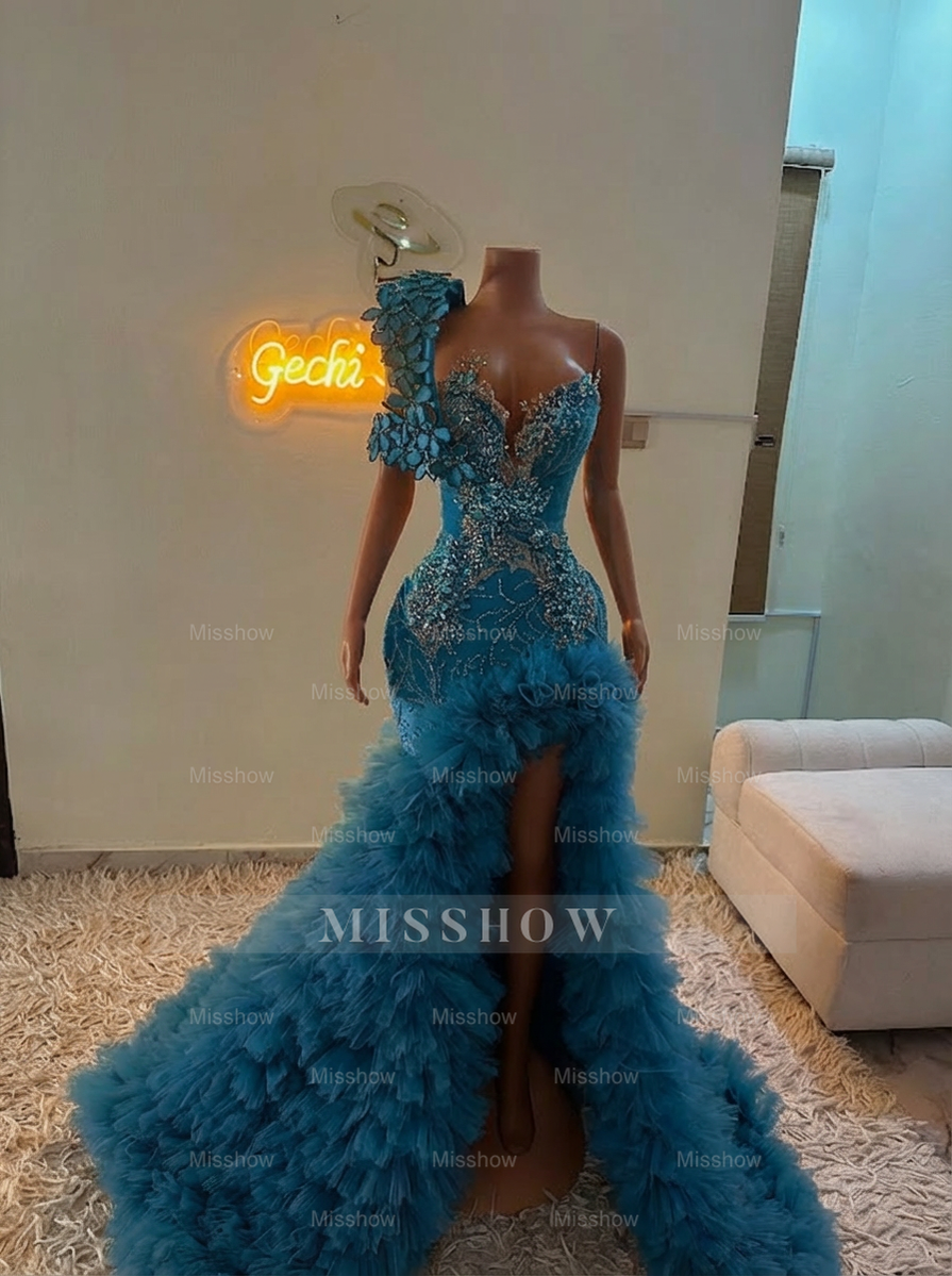 Extraverage Long Pink Mermaid One Shoulder Lace Beaded Prom Dress with Slit and Ruffles
