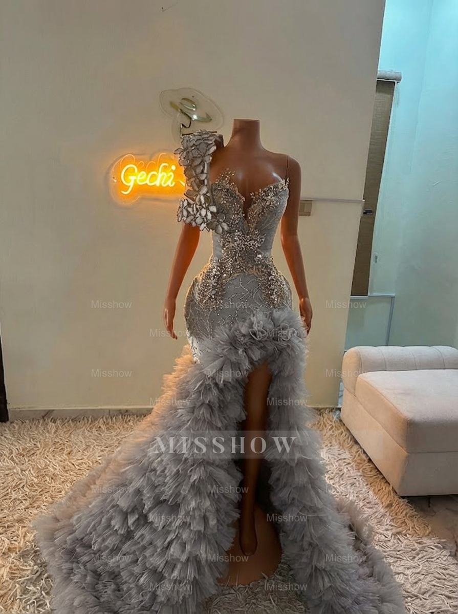 Extraverage Long Pink Mermaid One Shoulder Lace Beaded Prom Dress with Slit and Ruffles