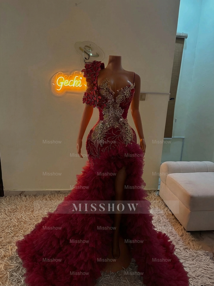 Extraverage Long Pink Mermaid One Shoulder Lace Beaded Prom Dress with Slit and Ruffles