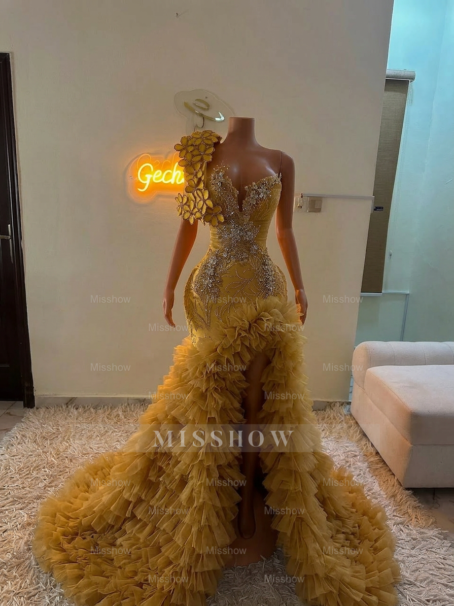 Extraverage Long Pink Mermaid One Shoulder Lace Beaded Prom Dress with Slit and Ruffles