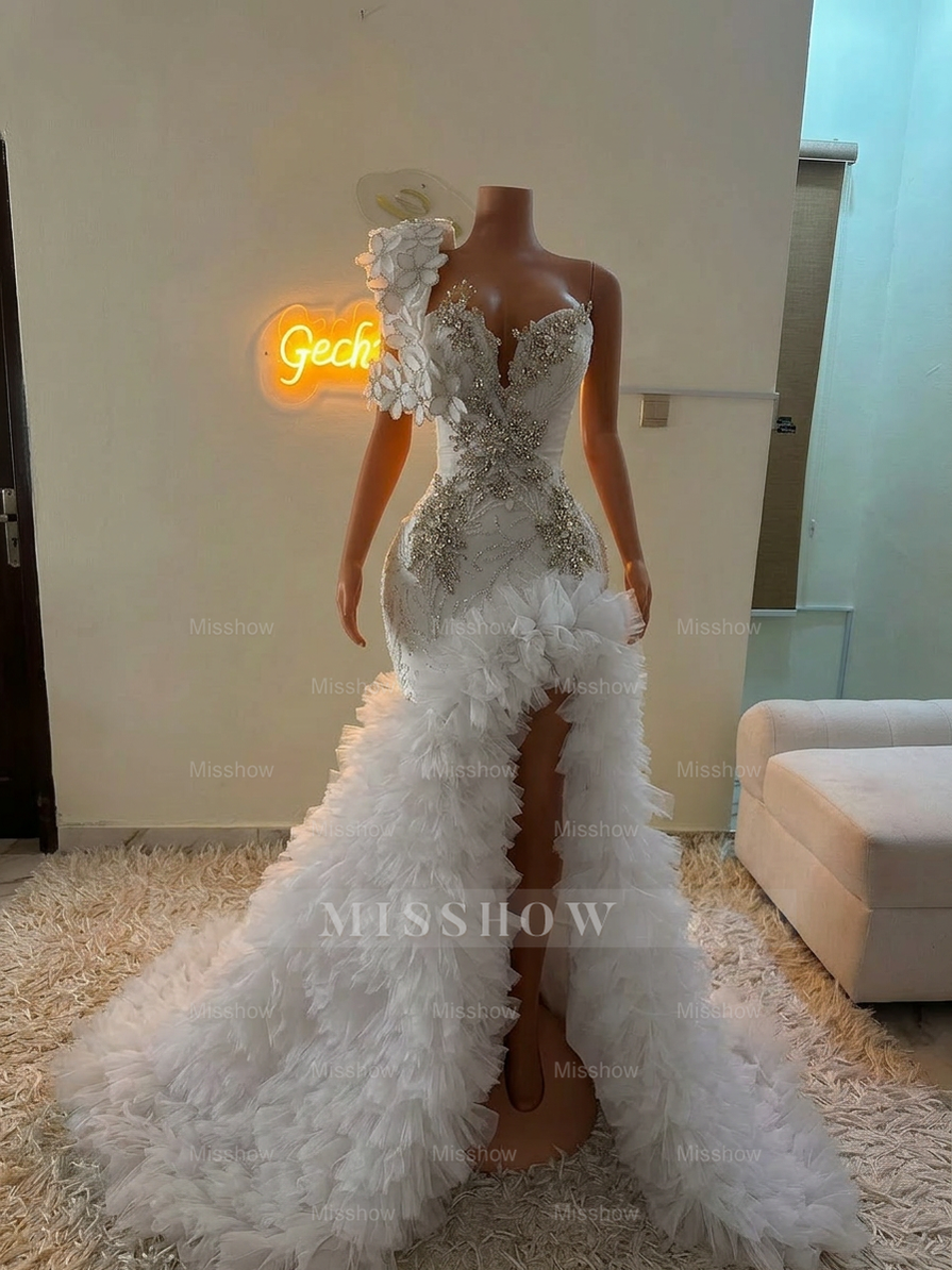 Extraverage Long Pink Mermaid One Shoulder Lace Beaded Prom Dress with Slit and Ruffles