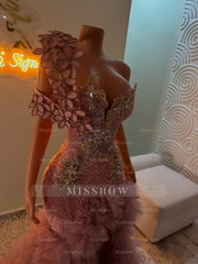 Extraverage Long Pink Mermaid One Shoulder Lace Beaded Prom Dress with Slit and Ruffles