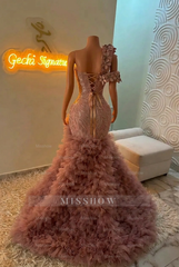 Extraverage Long Pink Mermaid One Shoulder Lace Beaded Prom Dress with Slit and Ruffles