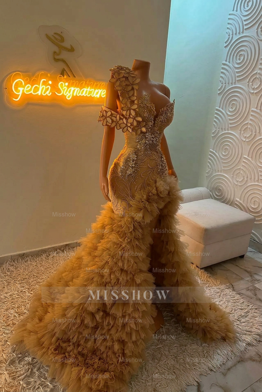 Extraverage Long Pink Mermaid One Shoulder Lace Beaded Prom Dress with Slit and Ruffles