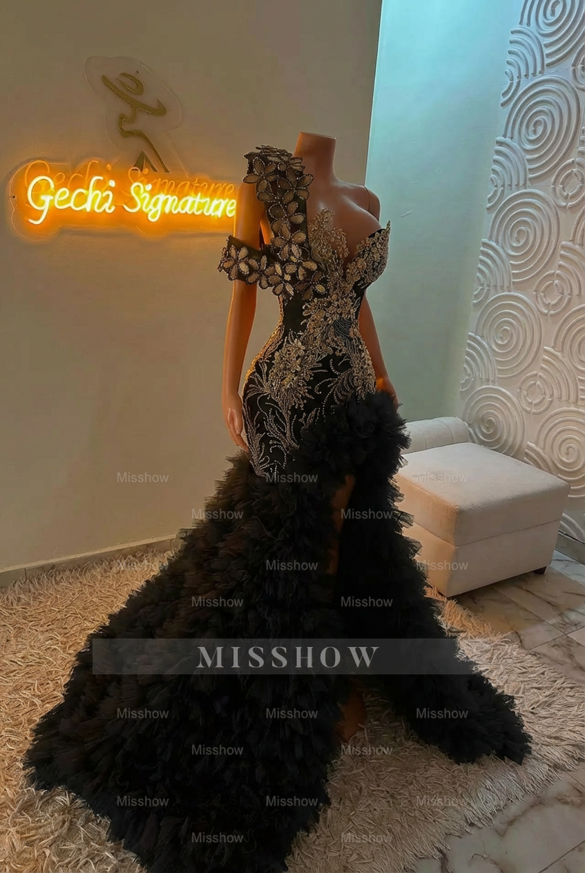 Extraverage Long Pink Mermaid One Shoulder Lace Beaded Prom Dress with Slit and Ruffles