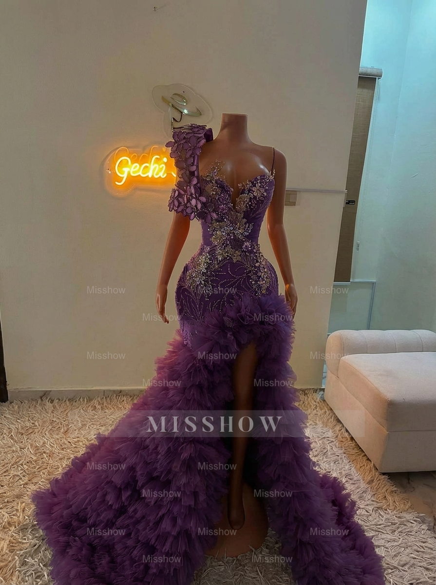 Extraverage Long Pink Mermaid One Shoulder Lace Beaded Prom Dress with Slit and Ruffles