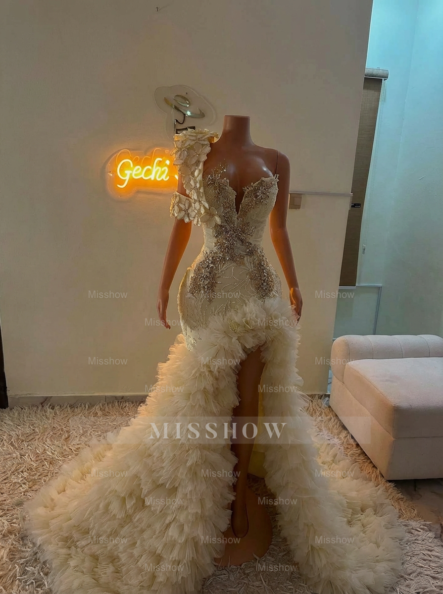 Extraverage Long Pink Mermaid One Shoulder Lace Beaded Prom Dress with Slit and Ruffles
