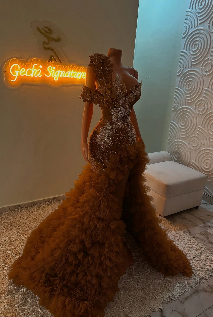 Chocolate one shoulder split-front mermaid prom dress