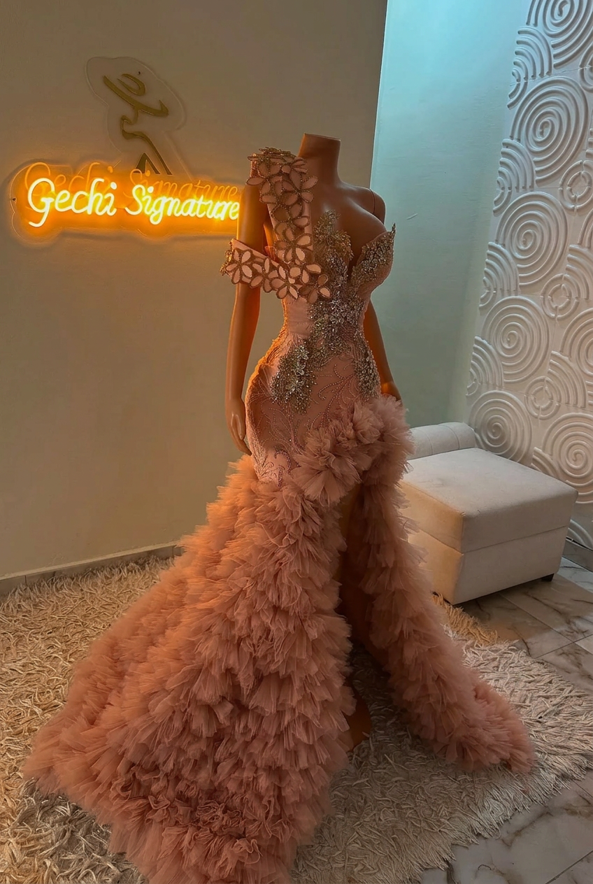 Pearl pink one shoulder split-front mermaid prom dress