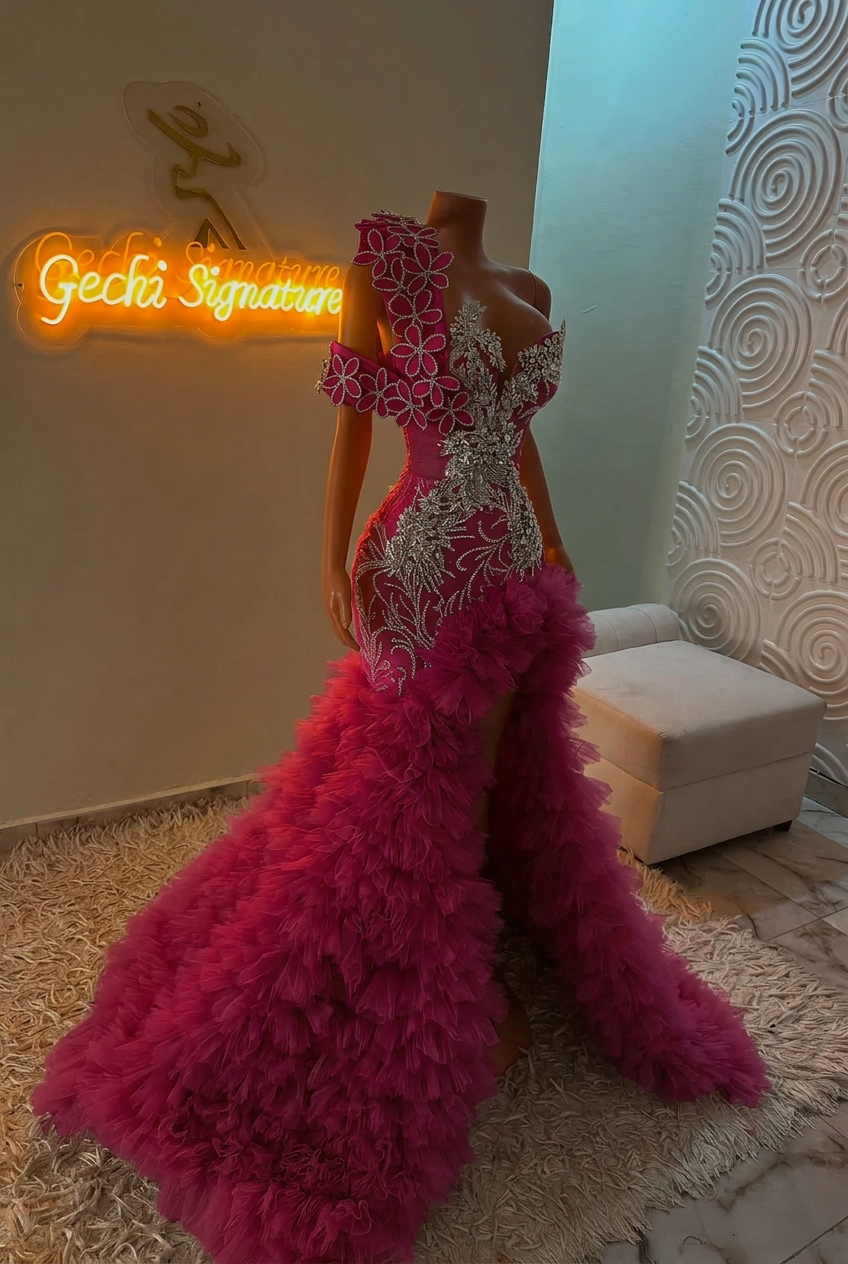 Fuchsia one shoulder split-front mermaid prom dress