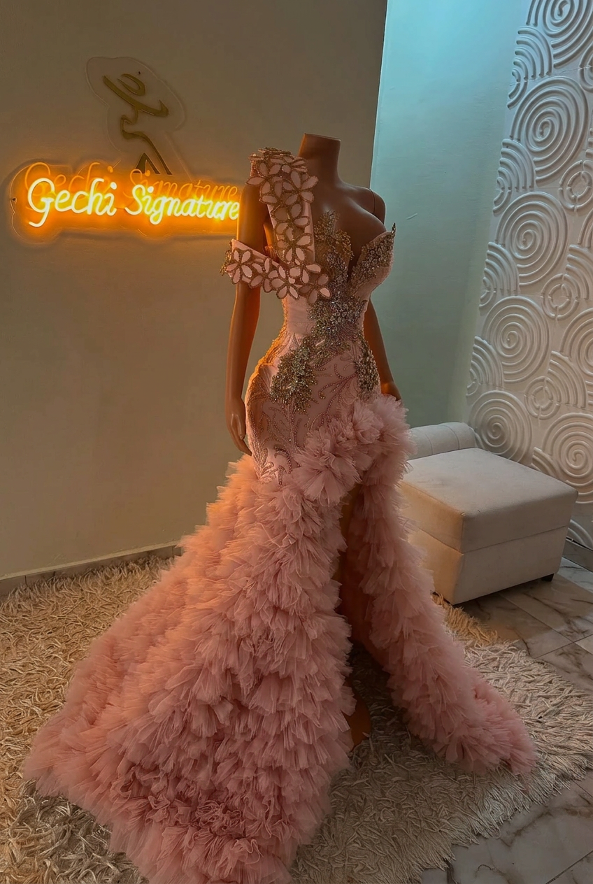 Blushing pink one shoulder split-front mermaid prom dress
