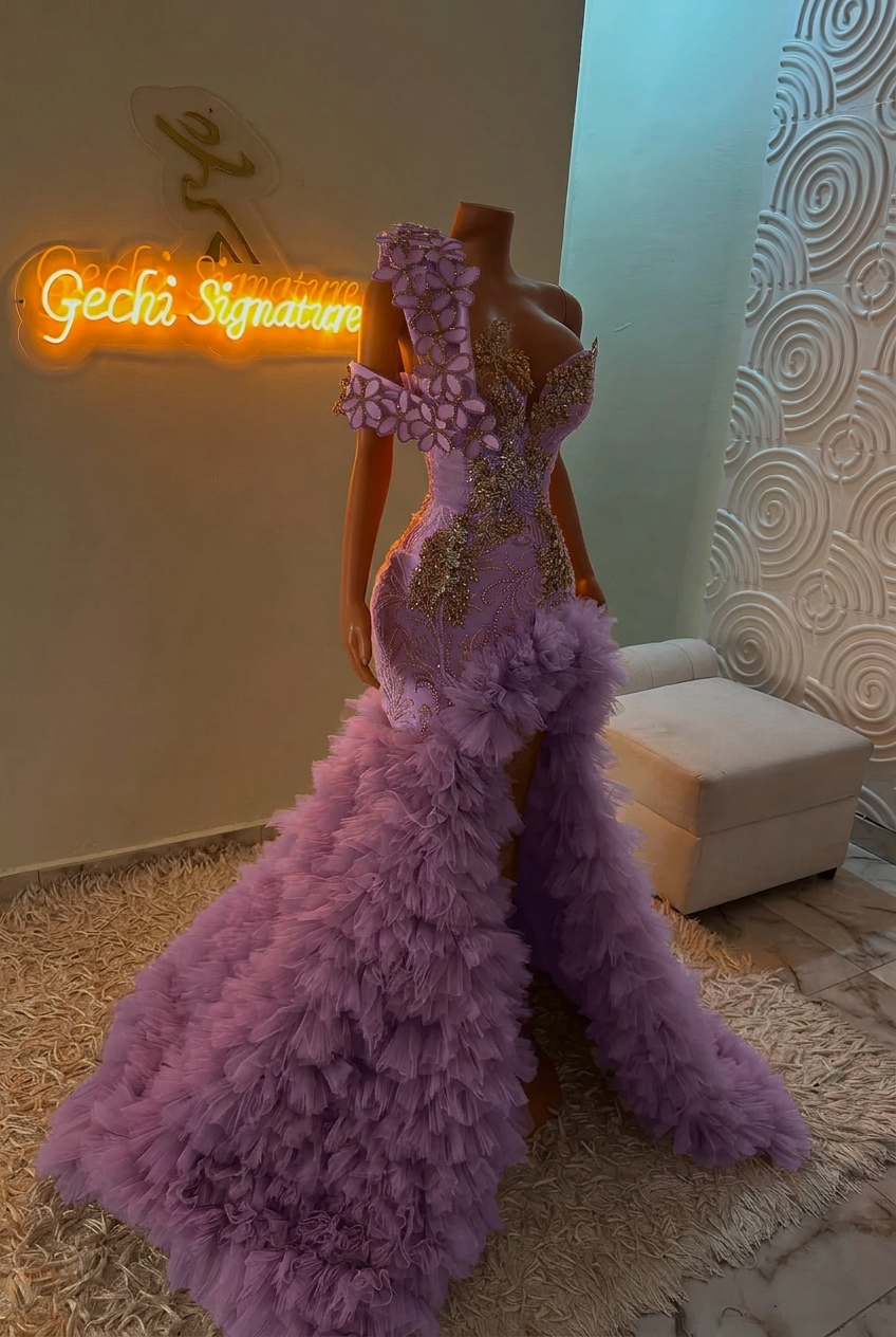Lilac one shoulder split-front mermaid prom dress