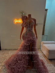 Dusty rose one shoulder split-front mermaid prom dress