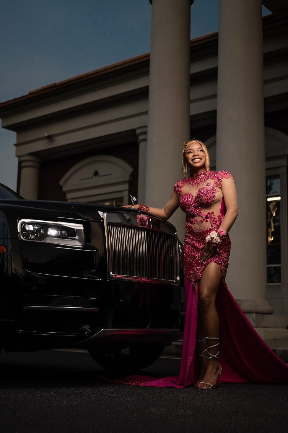 Eye-Catching Long Fuchsia High Neck Long Sleeves Mermaid Prom Dress with Rhinestones and Slit